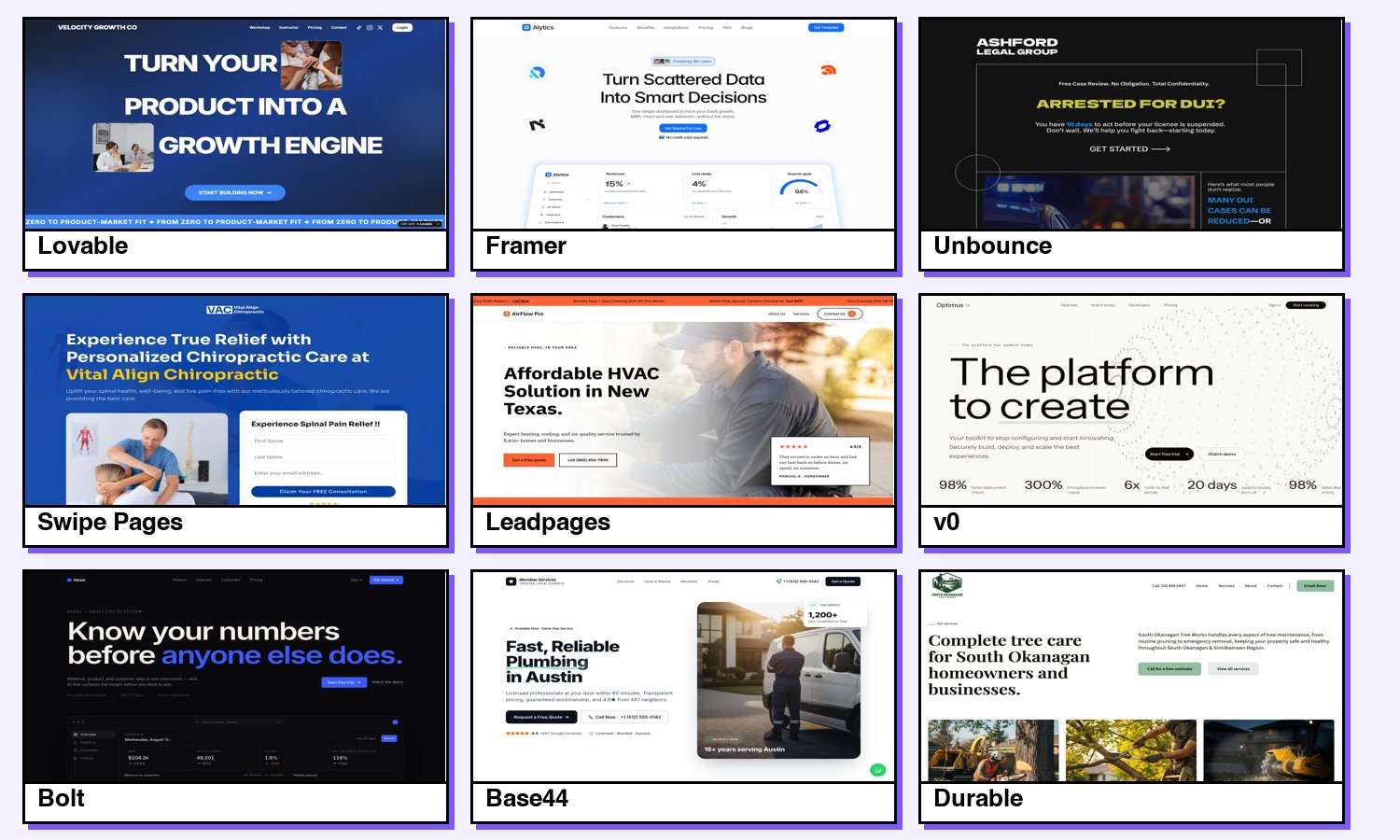 The first screen of a landing page made with each of nine AI builders: Lovable, Framer, Unbounce, Swipe Pages, Leadpages, v0, Bolt, Base44 and Durable