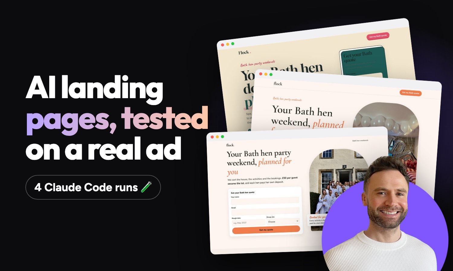 Cover reading AI landing pages, tested on a real ad, with three of the Claude Code test pages for a Bath hen party and Stewart Dunlop