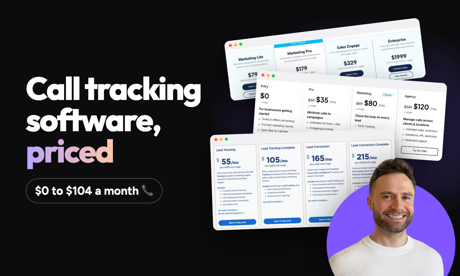 Pricing pages from three call tracking tools: CallRail, Nimbata and CallTrackingMetrics