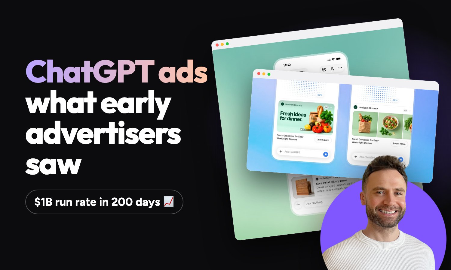 Two ChatGPT ad formats from OpenAI: a sponsored product card under an answer, and a visual grocery ad next to an image