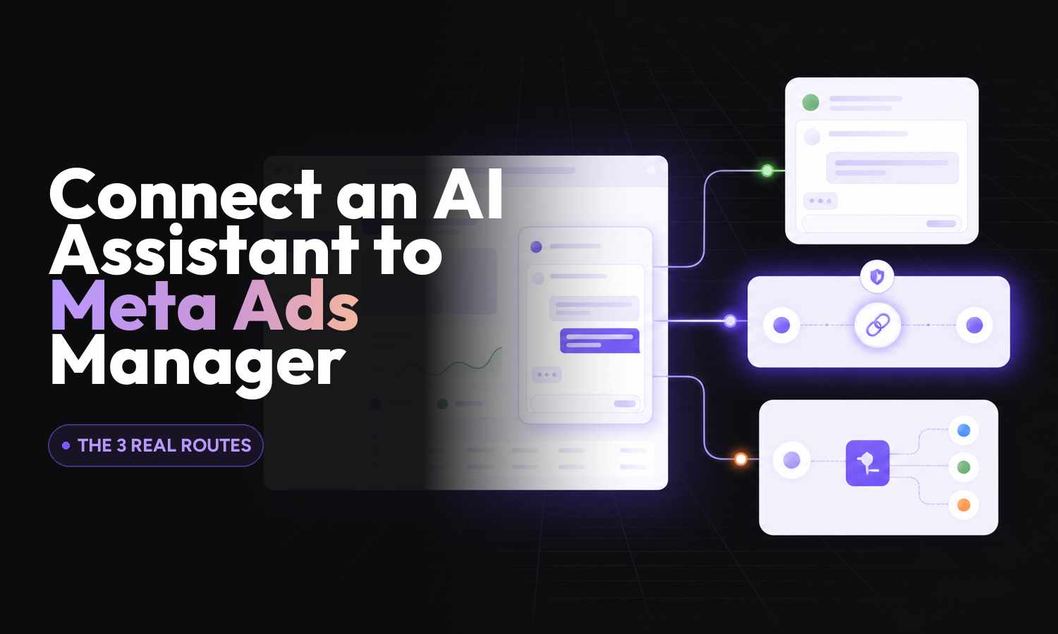 Split cover reading Connect an AI Assistant to Meta Ads Manager, the 3 real routes, beside a chat window branching to three connection panels