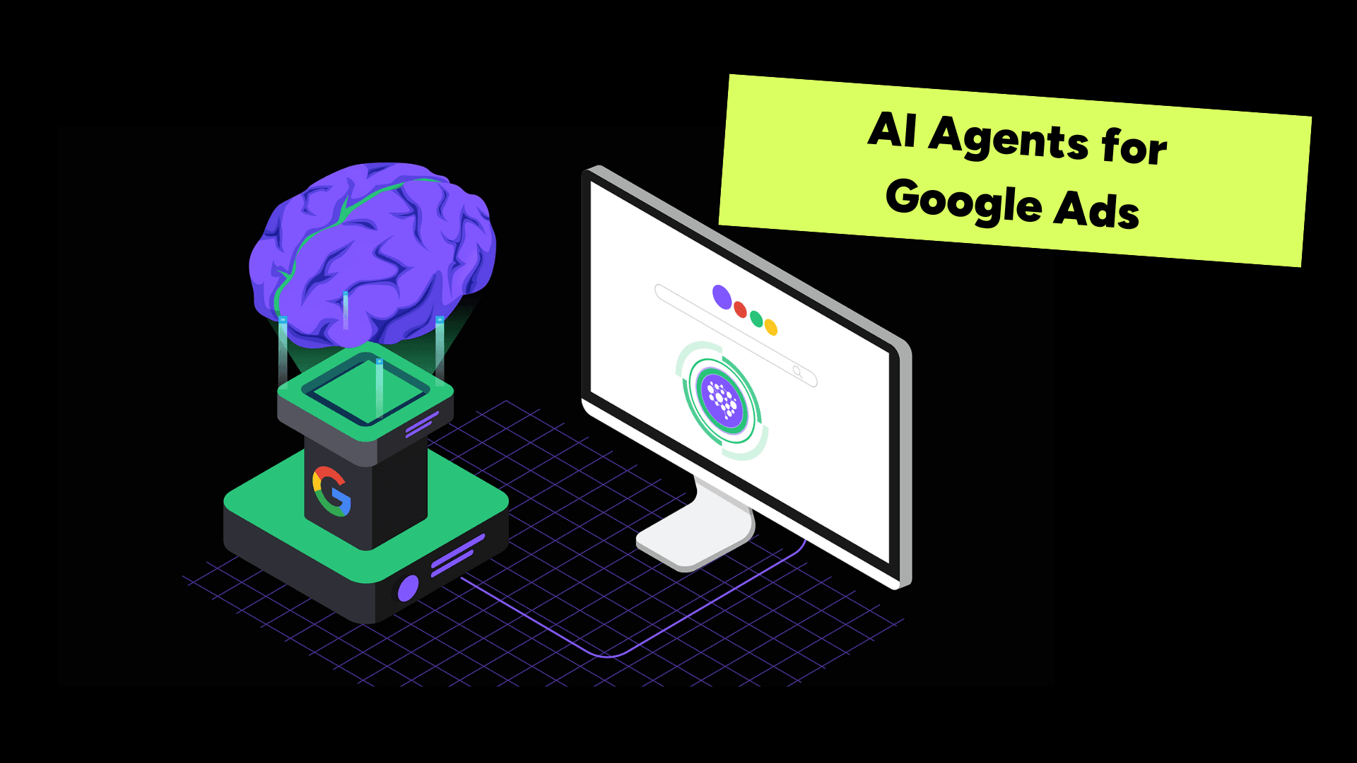 AI agents for Google Ads, drawn as a Google server wired to a search screen