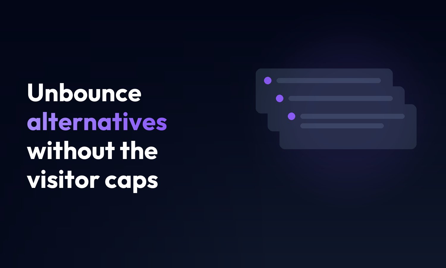 Cover reading Unbounce alternatives without the visitor caps, beside stacked page cards on a dark background