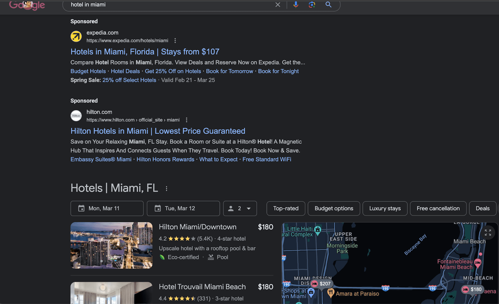 search results for hotels in miami