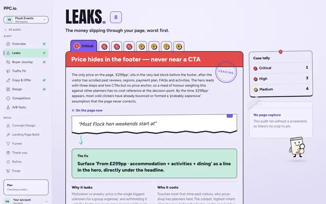 Example Postclick audit with prioritized landing page findings