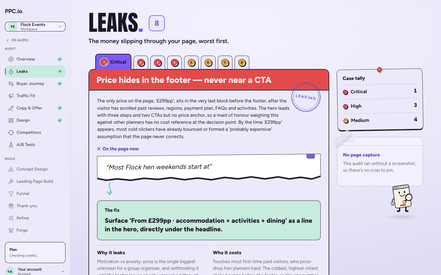 The Leaks screen: eight leaks on the Flock page, the price hidden in the footer first