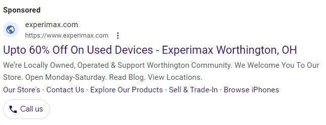 Google PPC ad for experimax