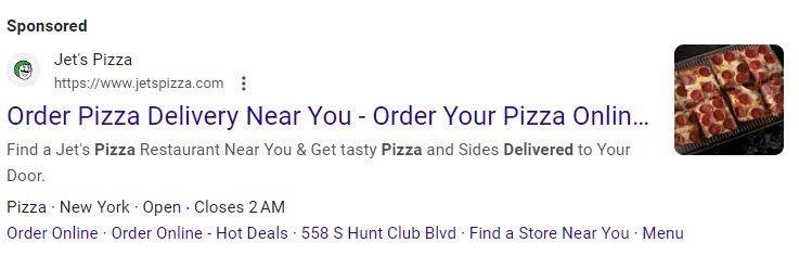 PPC ad for Jet's Pizza