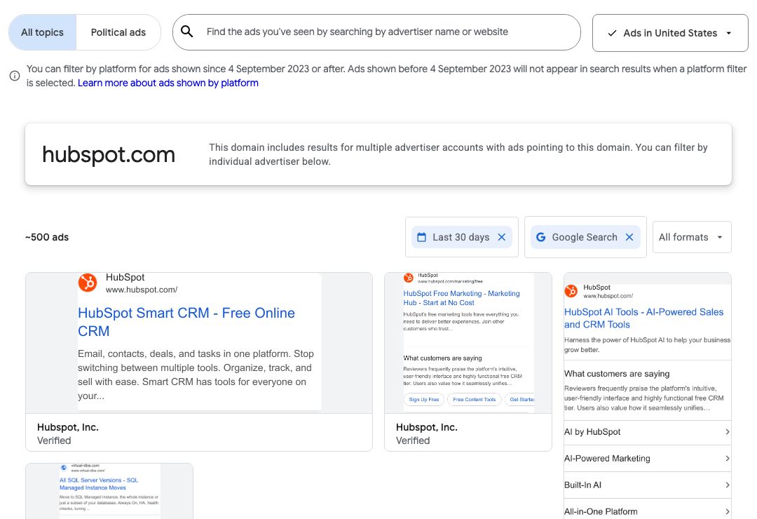 Google Ads Transparency Center results for hubspot.com, filtered to the United States, Google Search and the last 30 days, showing about 500 ads, including HubSpot's own ads and an ad from another advertiser that points to the same domain
