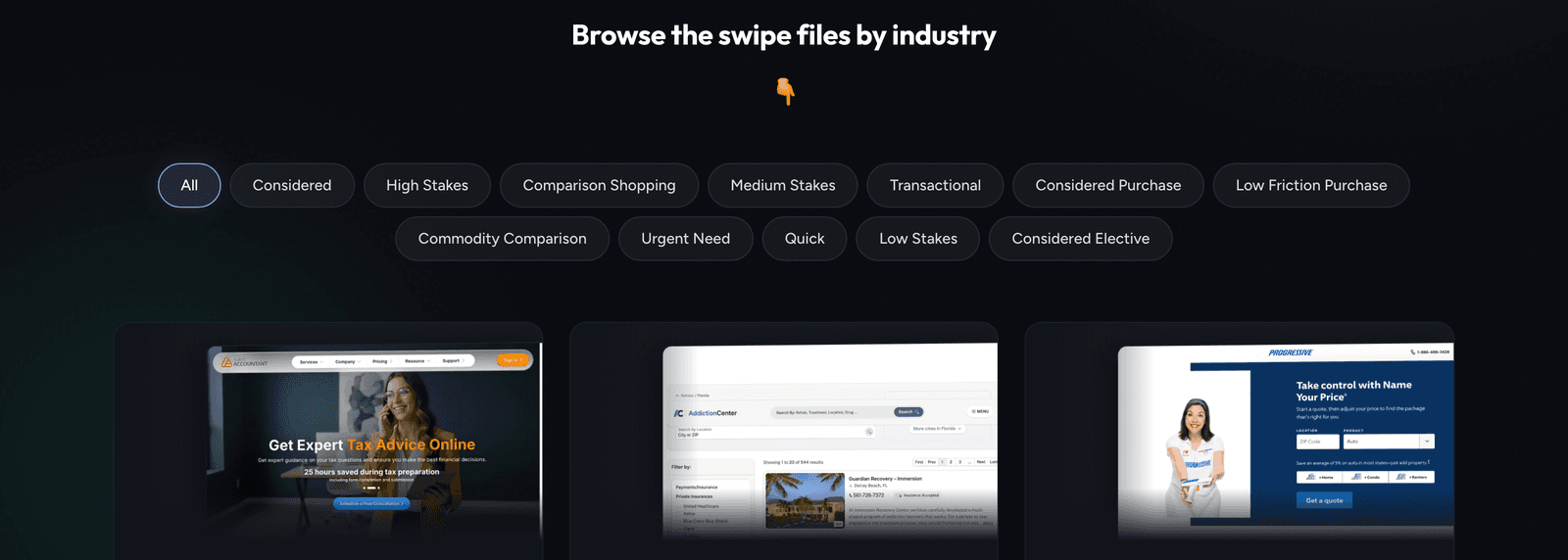 The swipe file filtered by buyer situation: considered, high stakes, comparison shopping, urgent need and eight more, above real graded landing pages