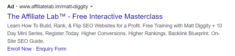 Google ad sample of Affiliate Lab training
