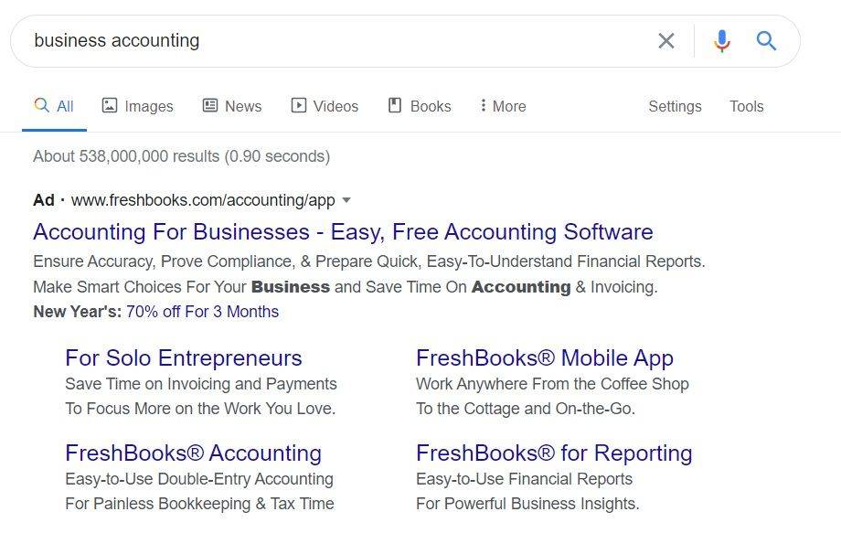 Google PPC ad search result for business accounting