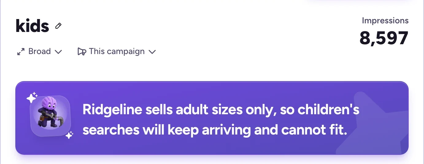 The agent proposes "kids" as a negative before it spends: the shop sells adult sizes only, so children's searches cannot fit. 8,597 impressions.