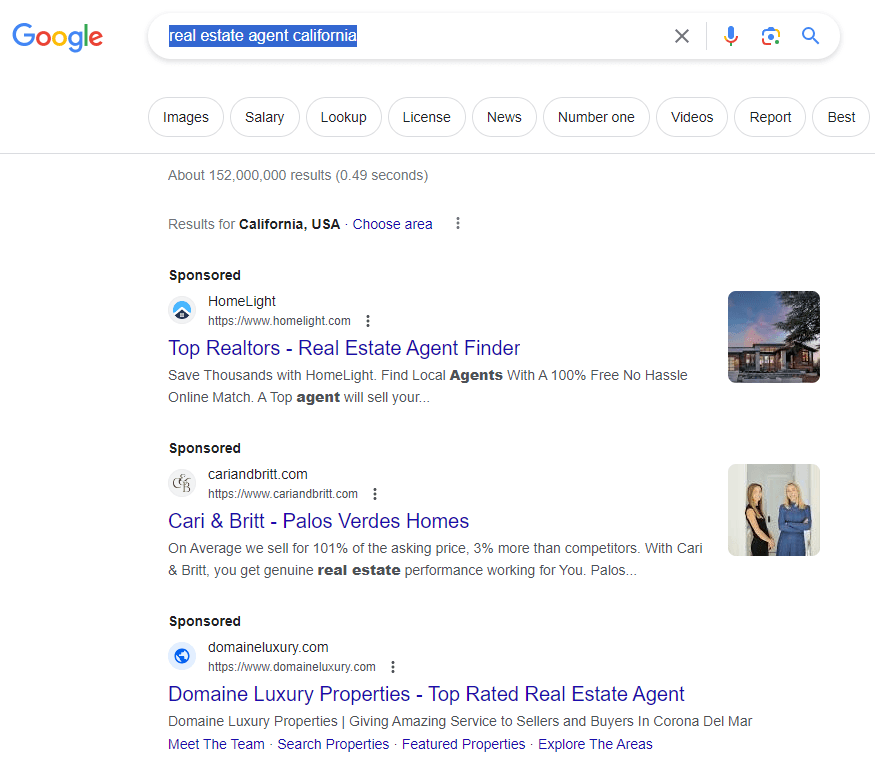 search results for real estate agent in California