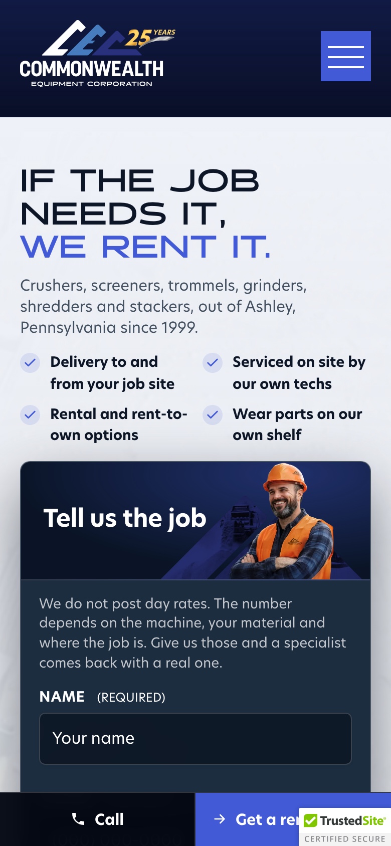 Commonwealth Equipment's rental landing page on a phone, with Call and Get a quote fixed to the bottom of the screen