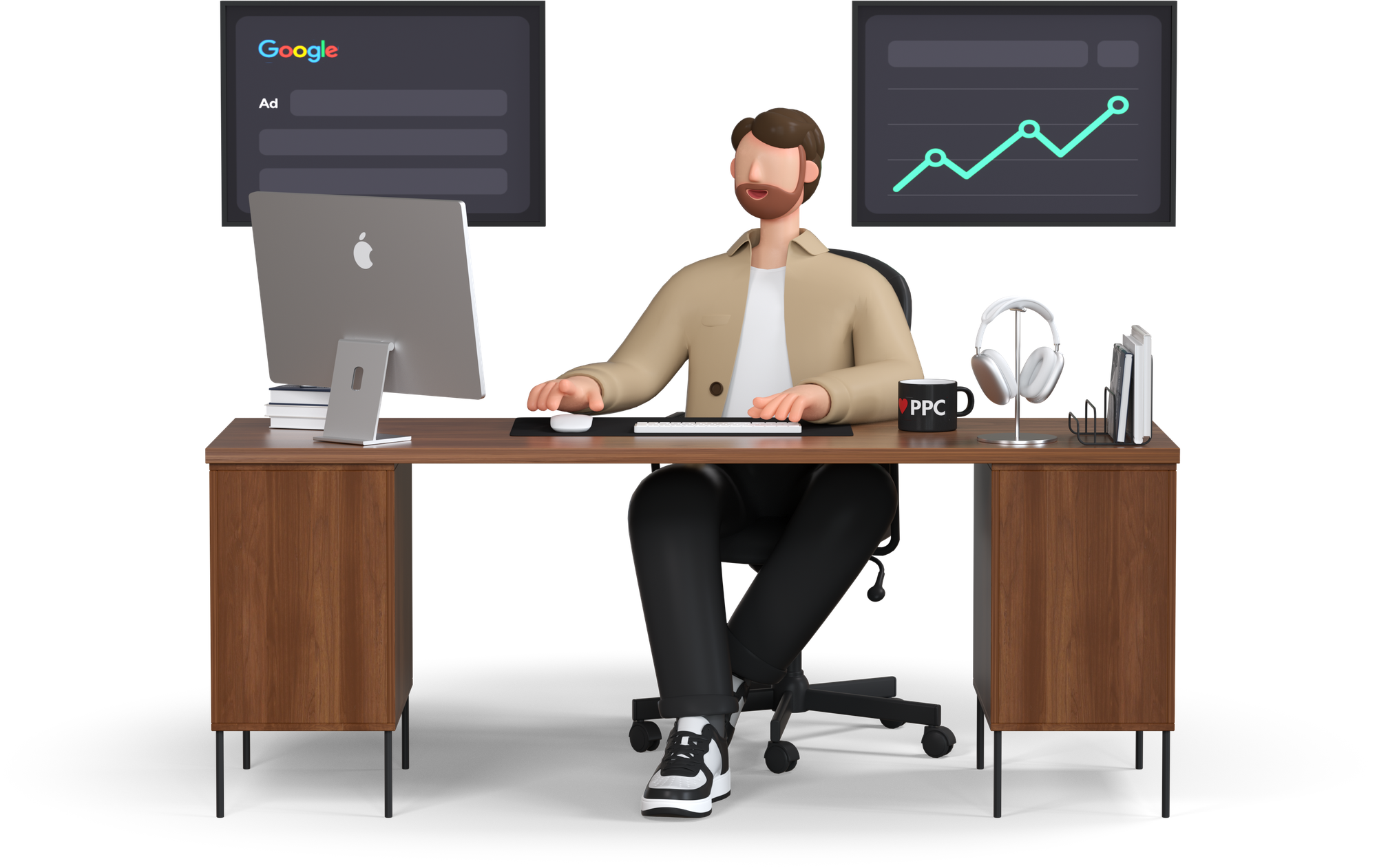 A PPC specialist at a desk, a Google Ad on one screen and the performance chart on the other