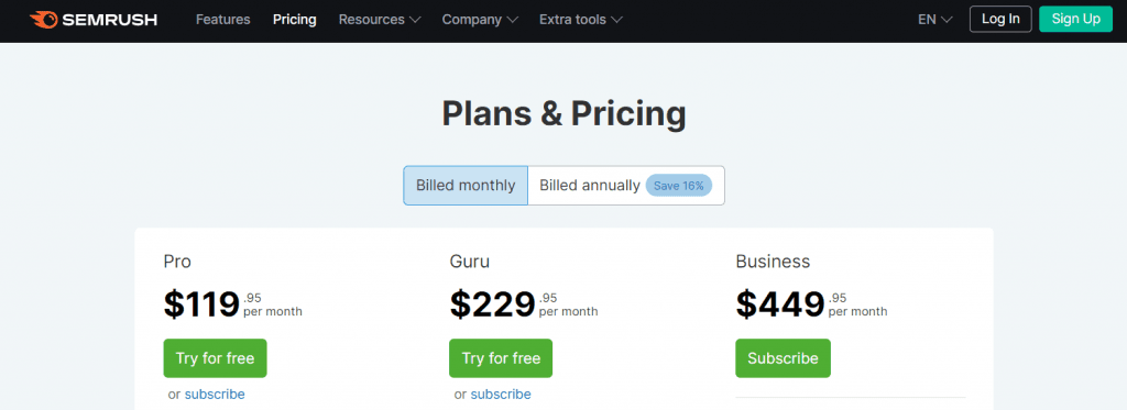 Semrush plans and pricing page