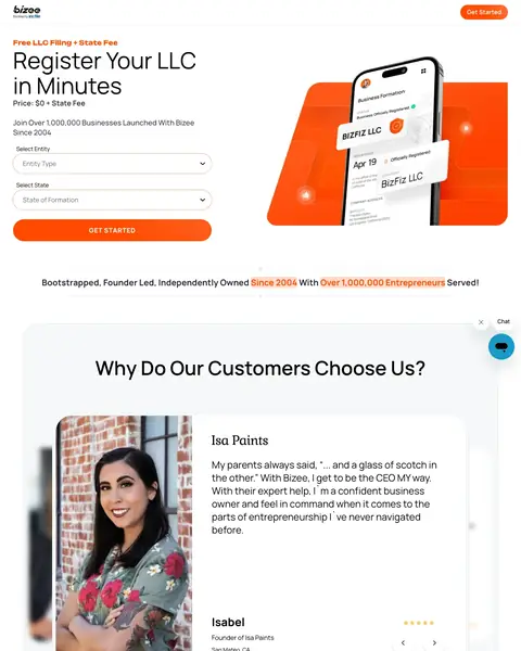 Business Formation landing page example