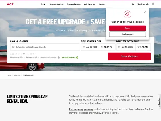 avis.com: Offer sits above the booking widget