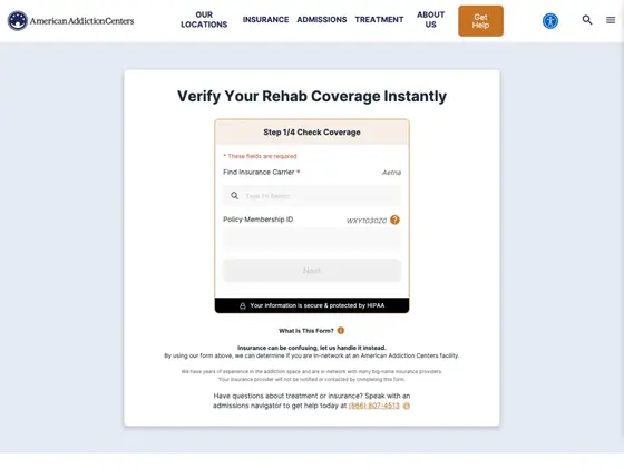 americanaddictioncenters.org: Form header shows how far in you are