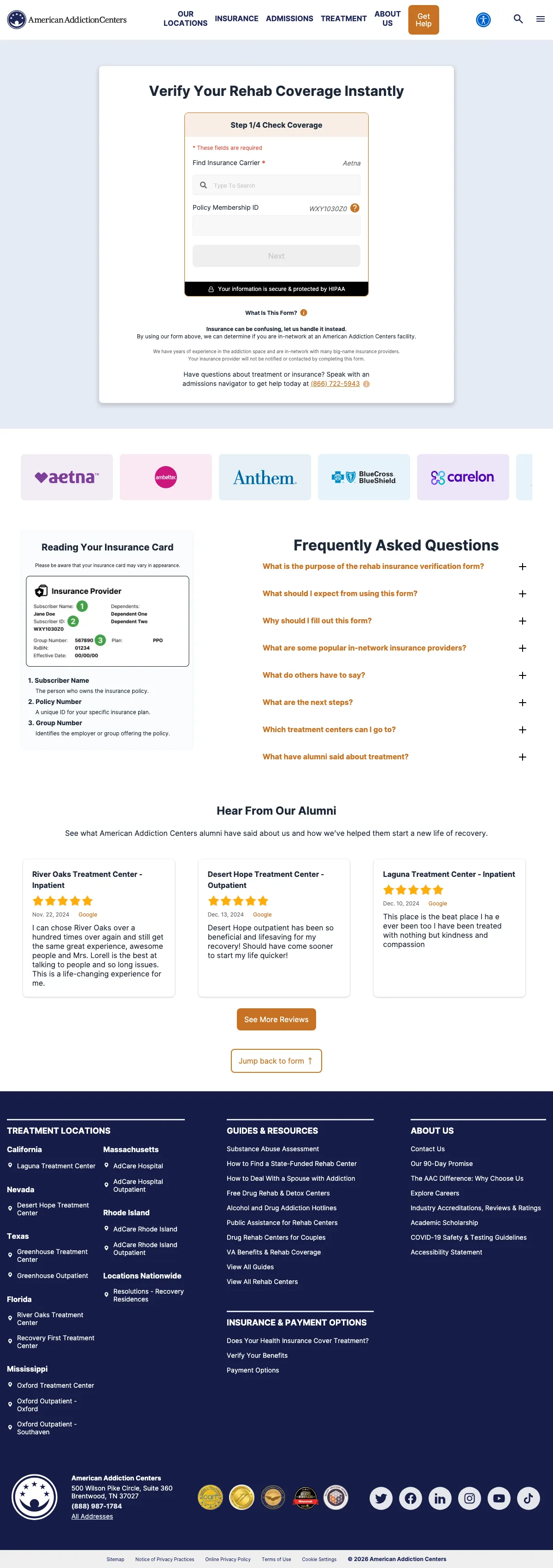 Addiction Treatment landing page example from americanaddictioncenters.org