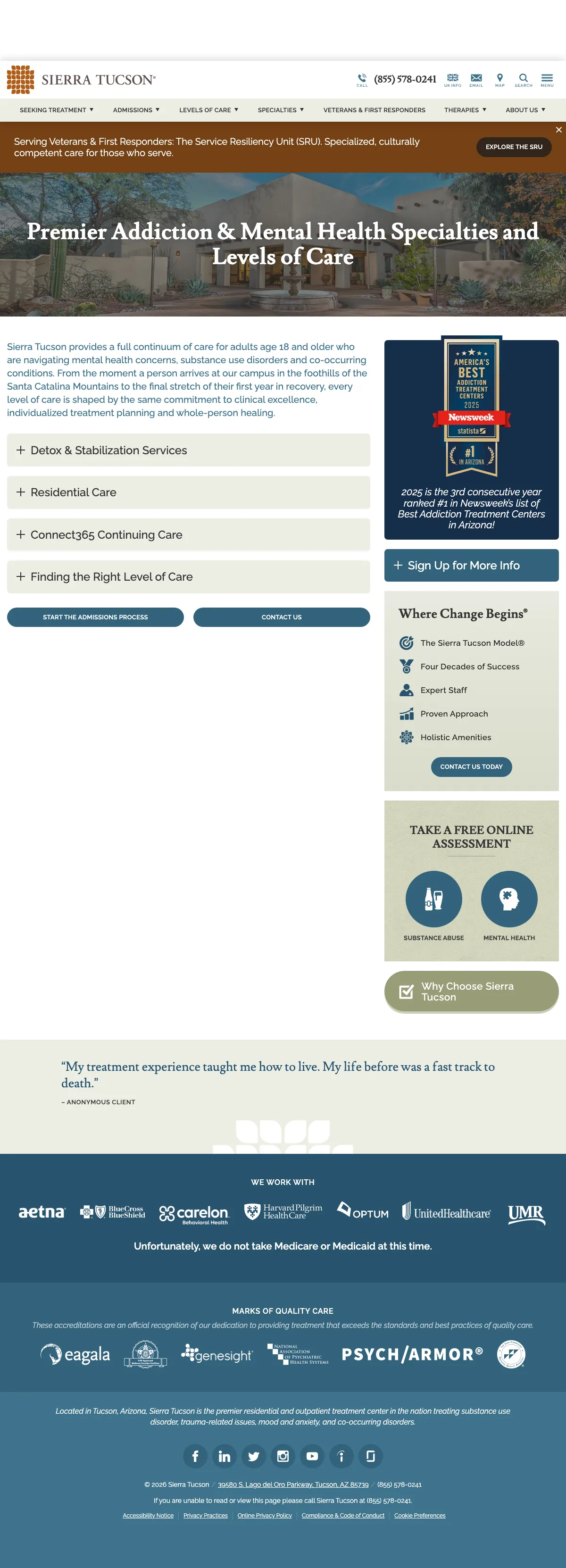 Addiction Treatment landing page example from sierratucson.com