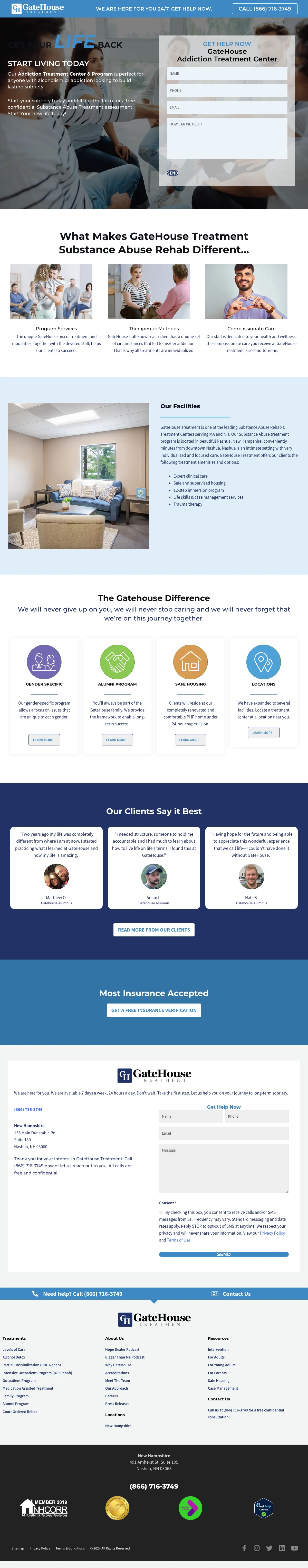 Addiction Treatment landing page example from gatehousetreatment.com