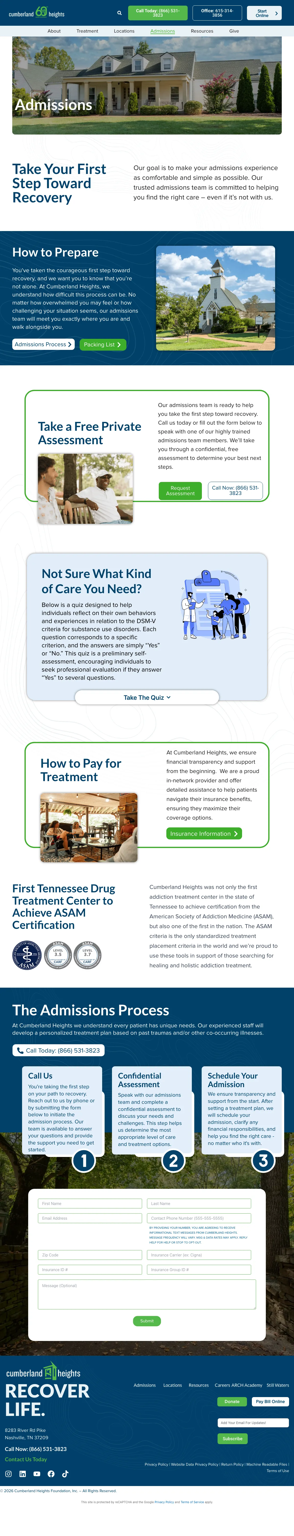 Addiction Treatment landing page example from cumberlandheights.org