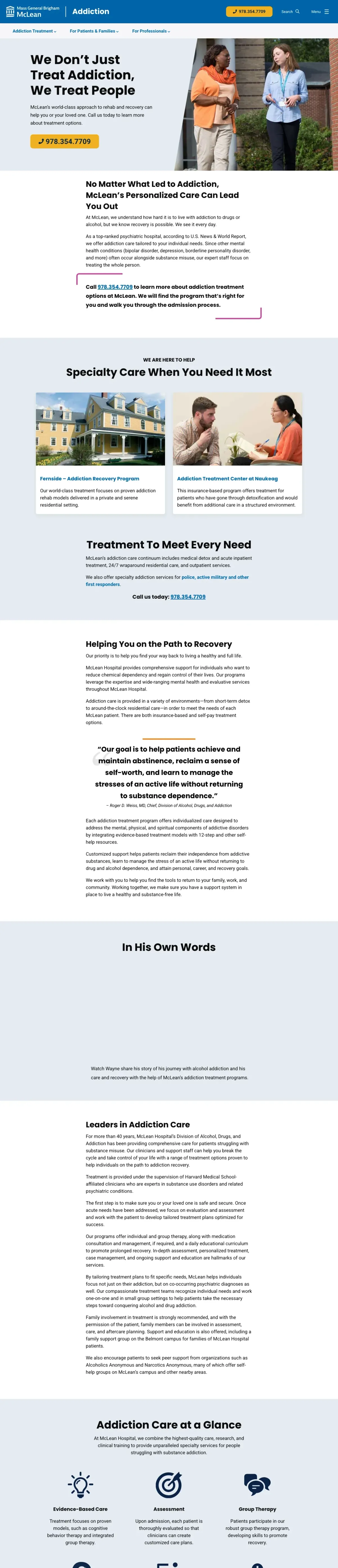 Addiction Treatment landing page example from mcleanhospital.org