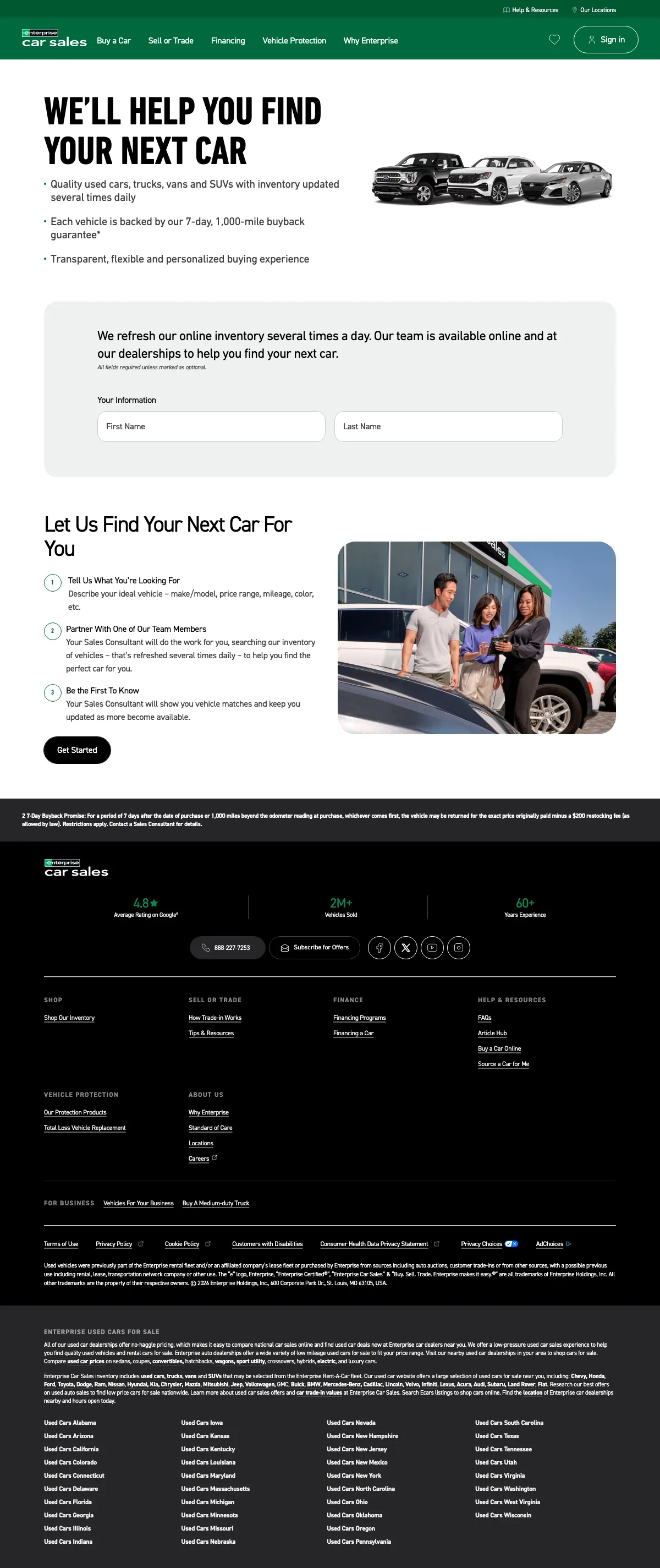 Car dealers landing page example from enterprisecarsales.com