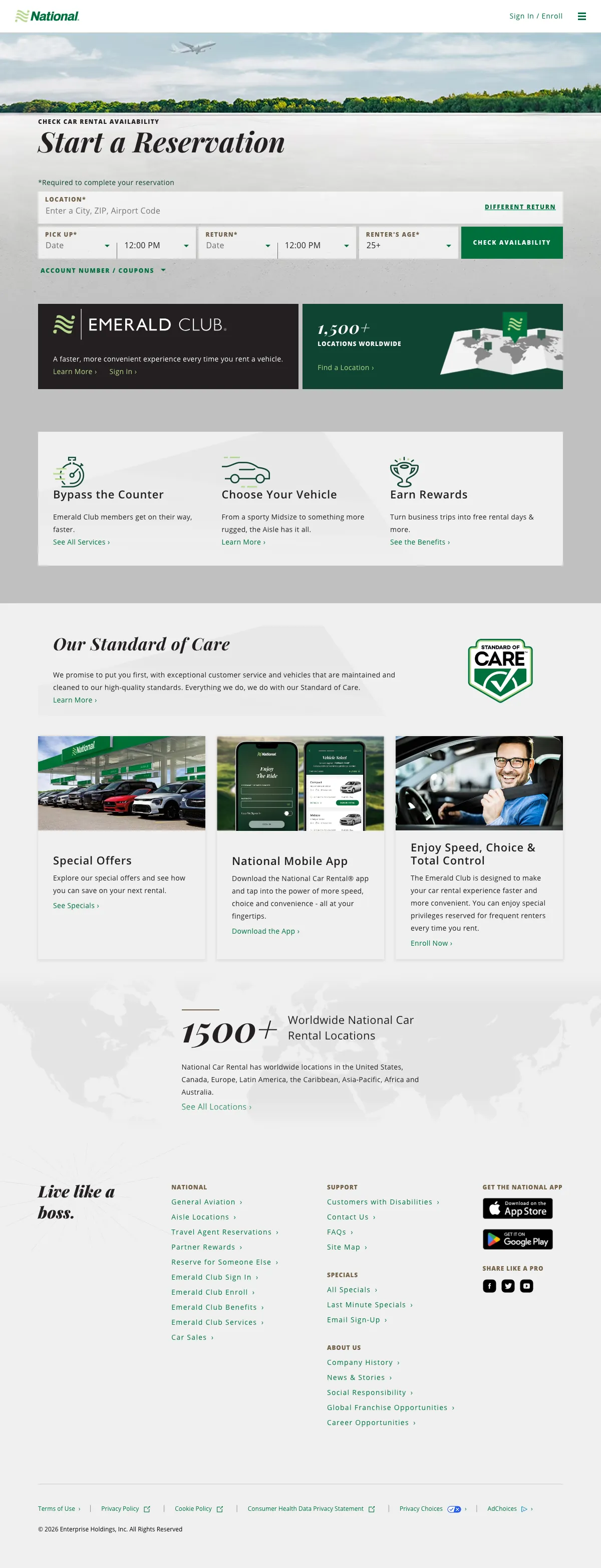 Car Rental landing page example from nationalcar.com