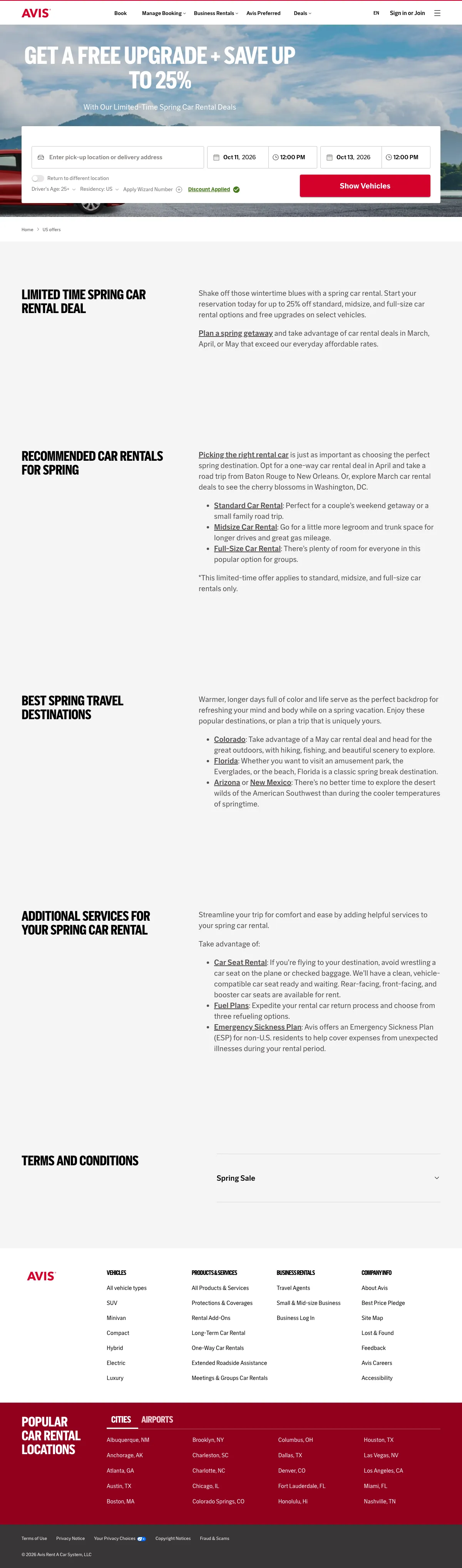 Car Rental landing page example from avis.com