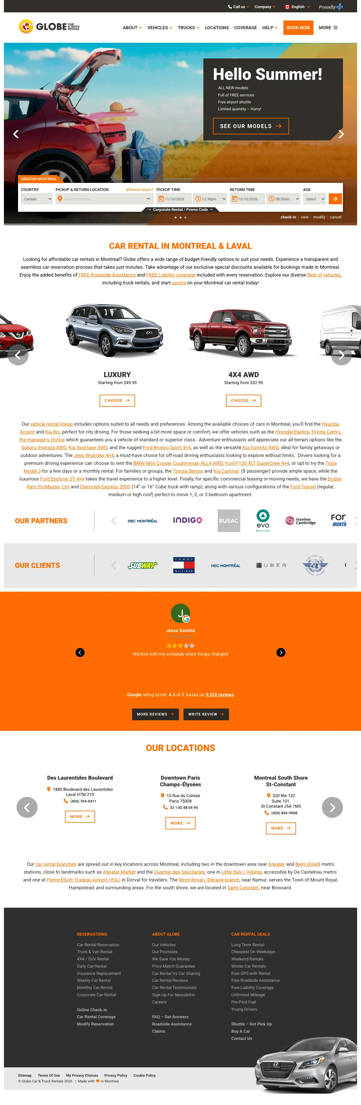 Car Rental landing page example from globecar.com