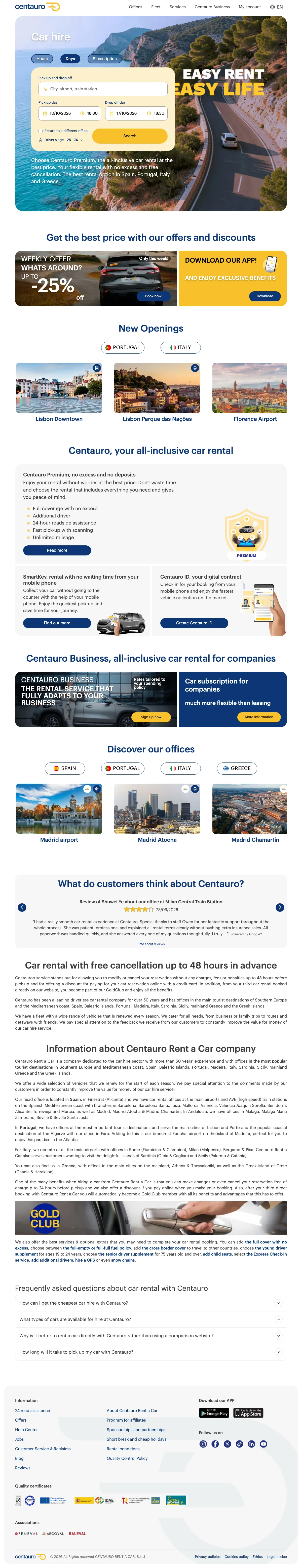 Car Rental landing page example from centauro.net
