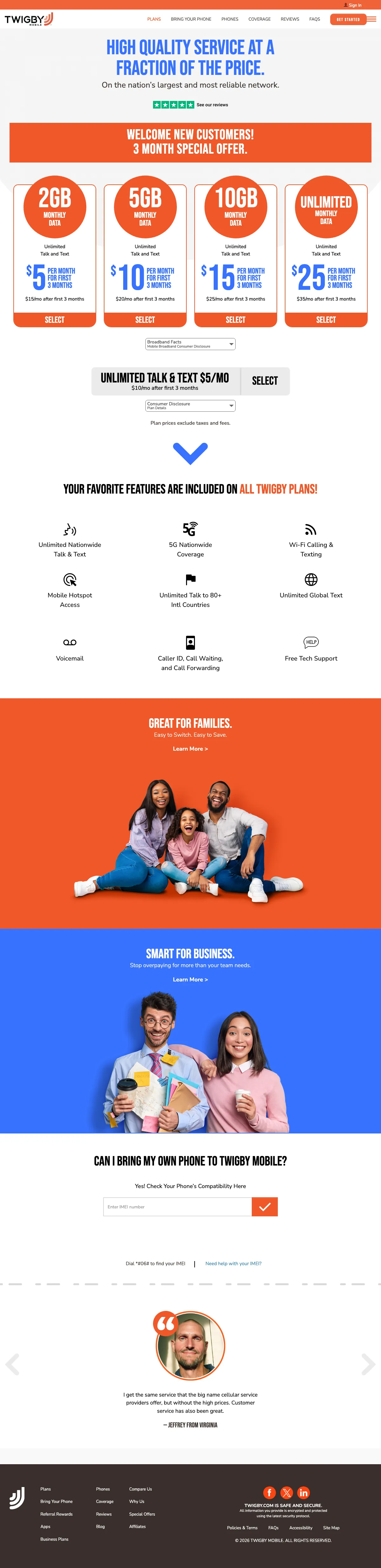 Cell Phones landing page example from twigby.com