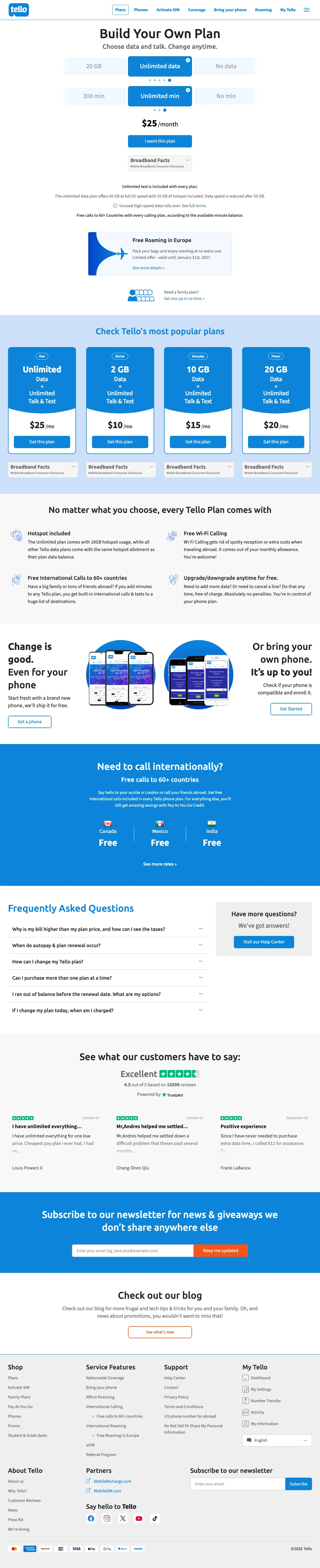 Cell Phones landing page example from tello.com
