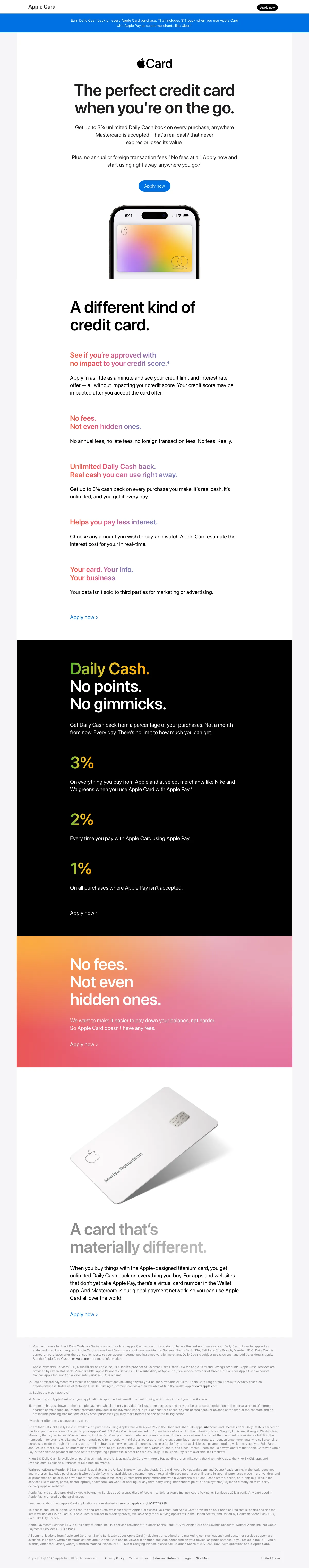 Credit Cards landing page example from learn.applecard.apple