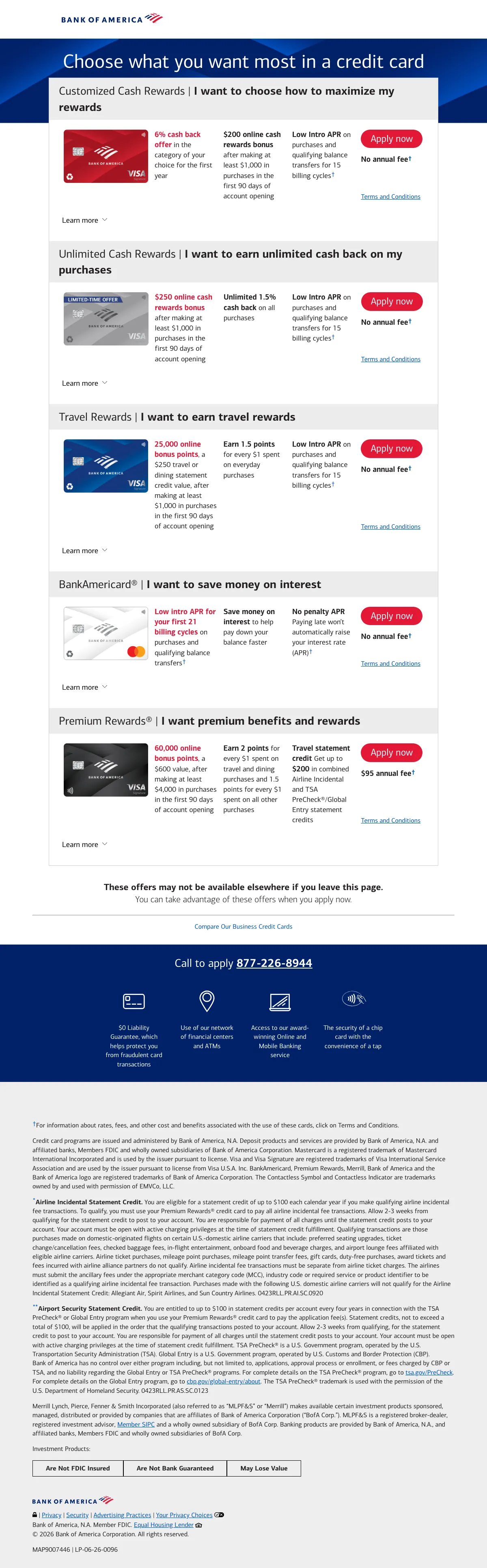 Credit Cards landing page example from promo.bankofamerica.com