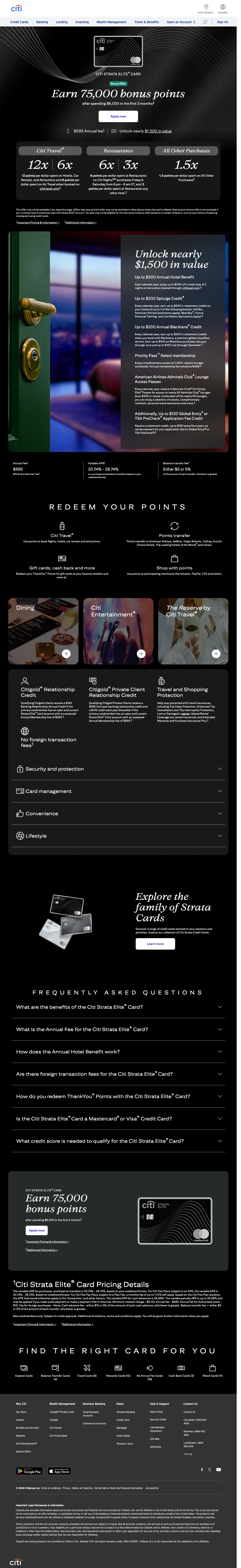 Credit Cards landing page example from citi.com