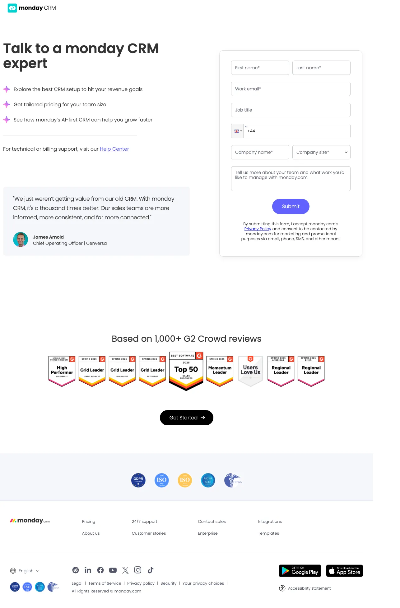 CRM Software landing page example from monday.com