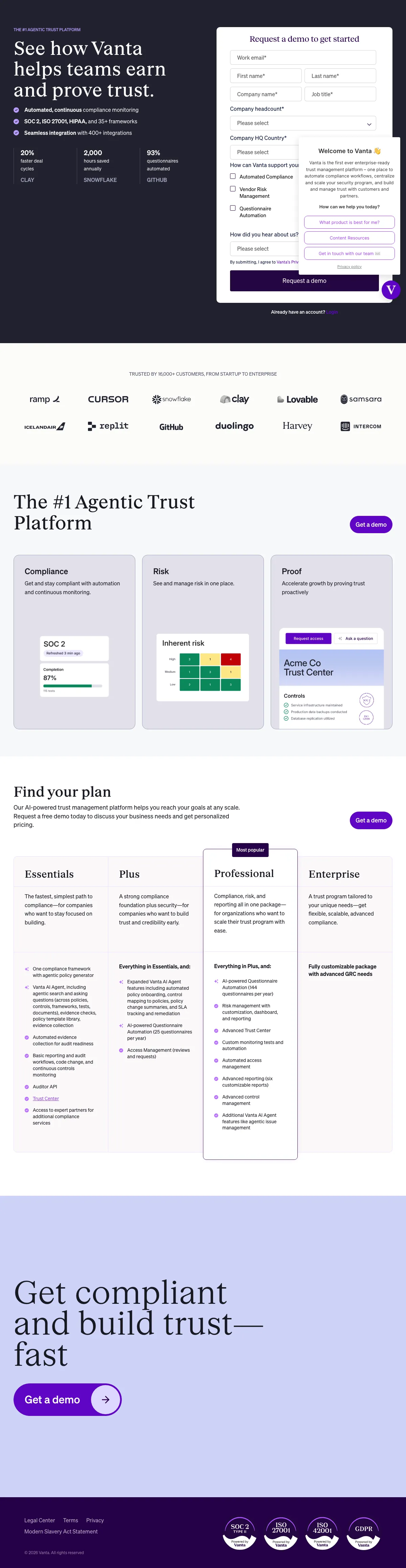 Cybersecurity Software landing page example from vanta.com