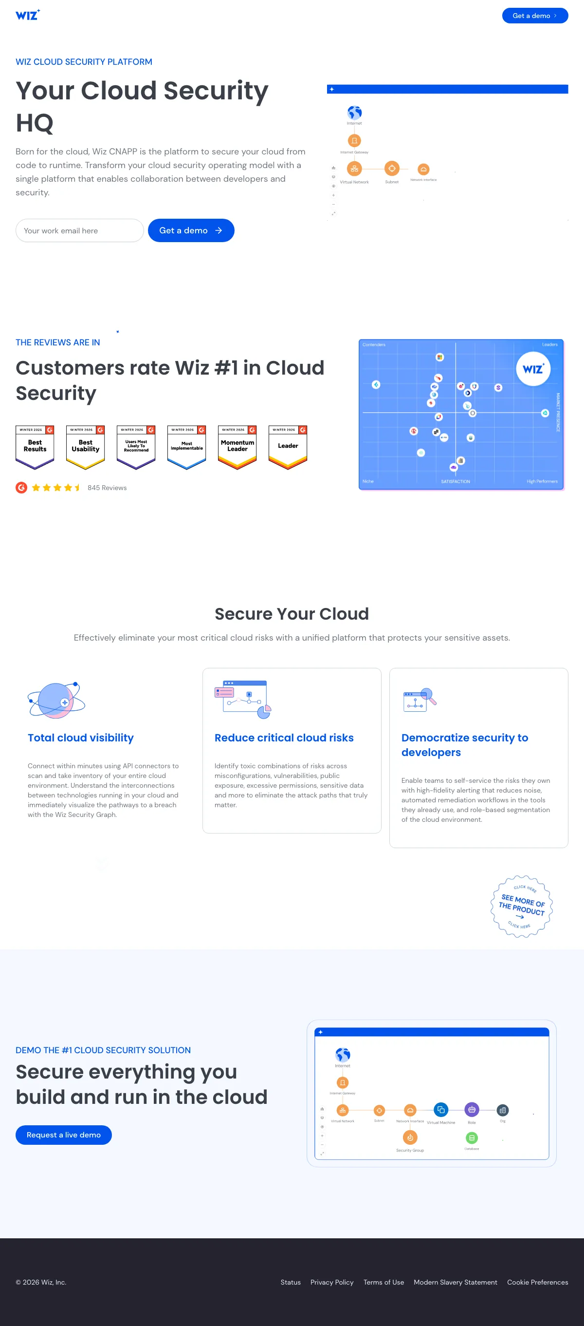 Cybersecurity Software landing page example from wiz.io