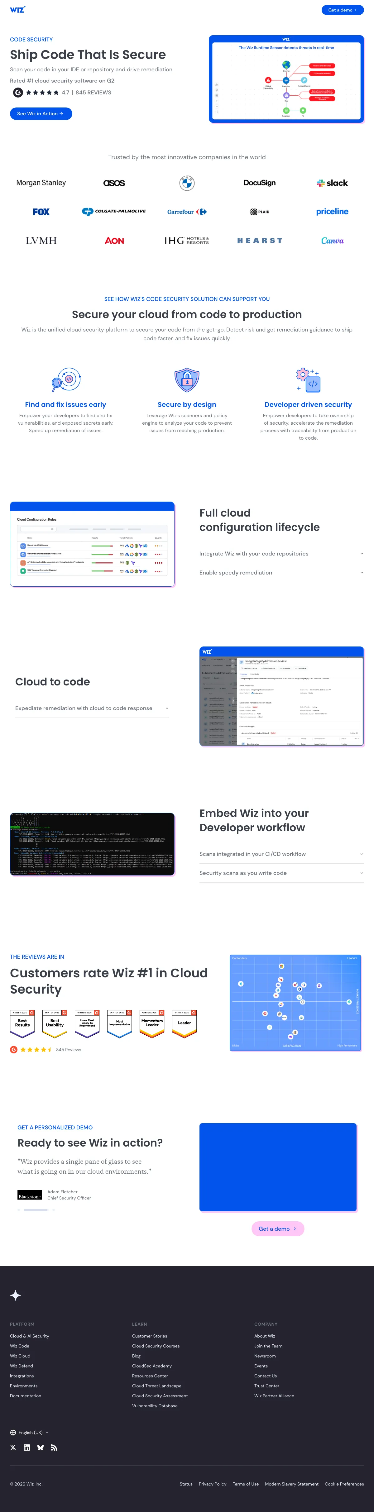 Cybersecurity Software landing page example from wiz.io