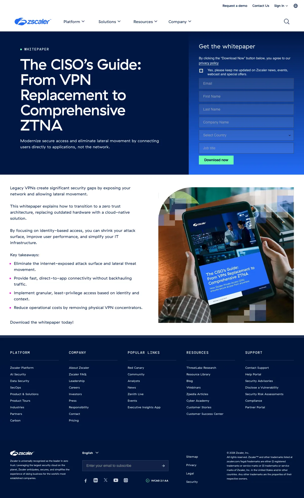 Cybersecurity Software landing page example from zscaler.com