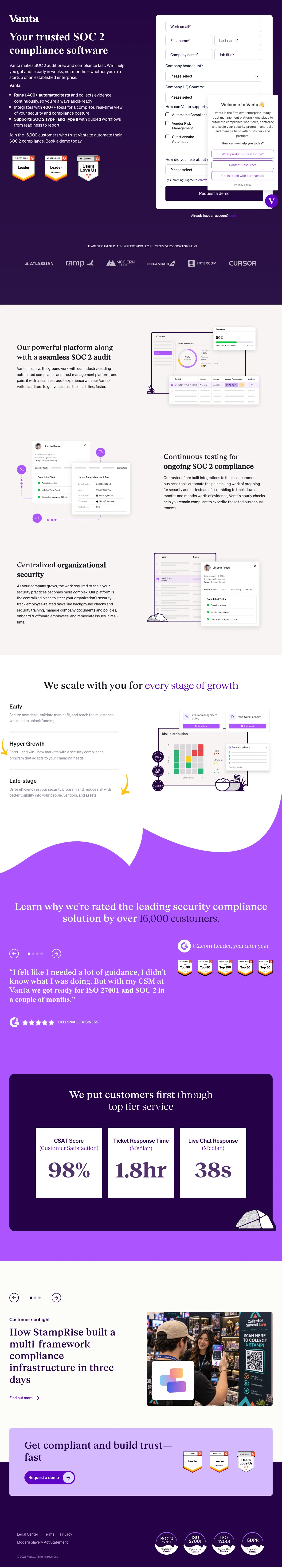 Cybersecurity Software landing page example from vanta.com