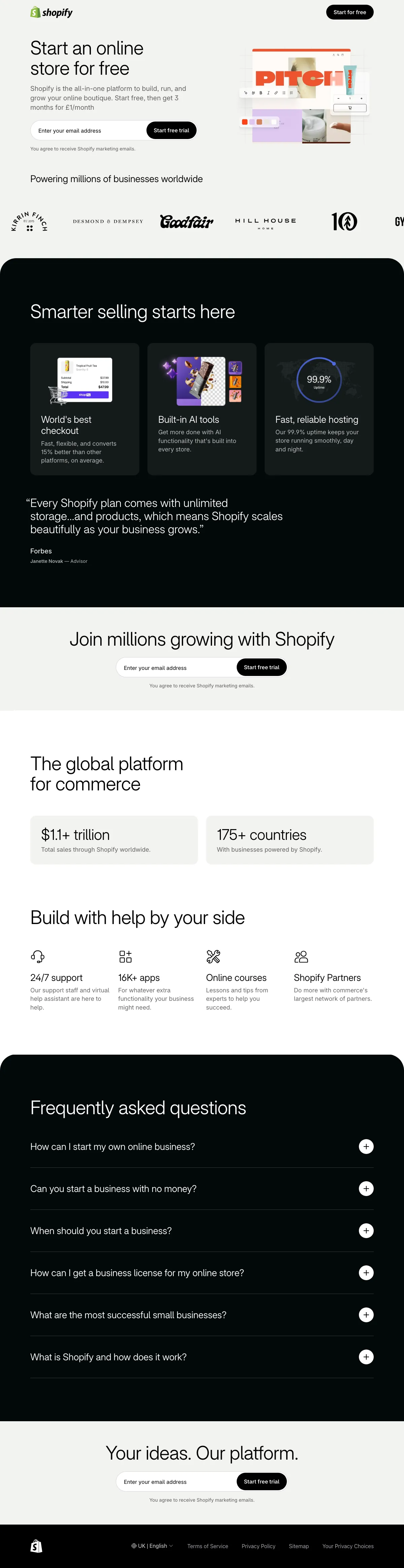 Ecommerce SaaS Platforms landing page example from shopify.com