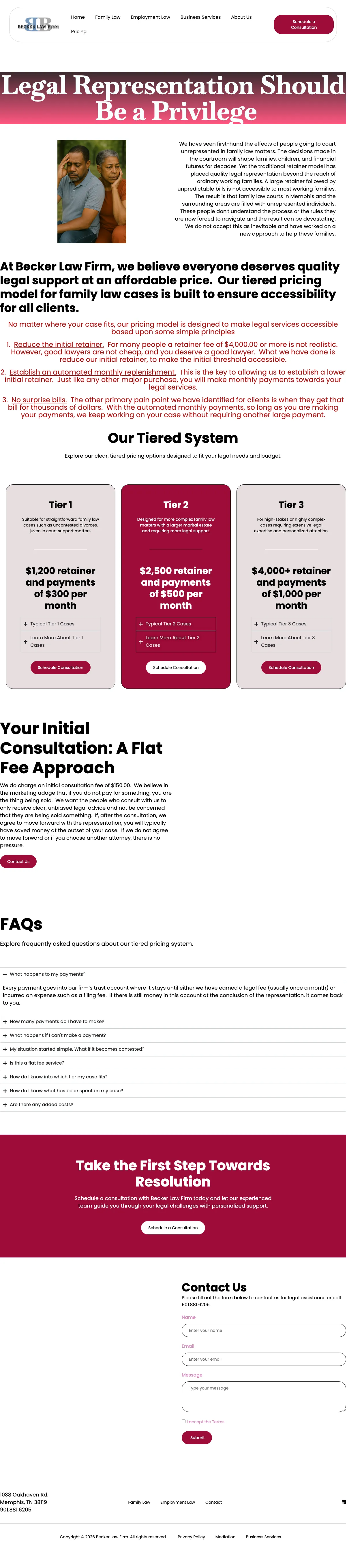 Family Law landing page example from thelawinmemphis.com