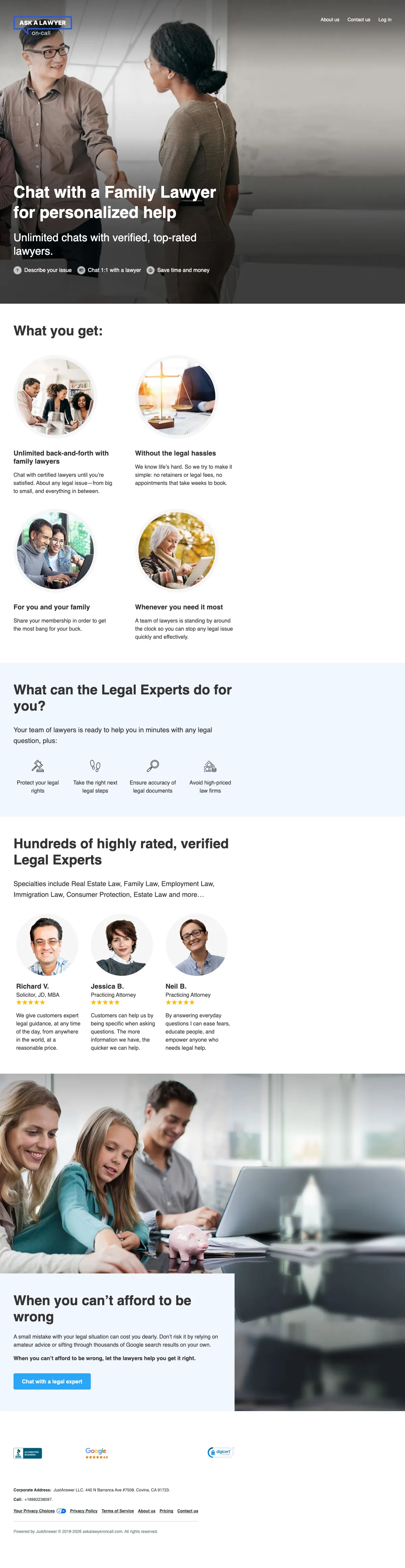 Family Law landing page example from askalawyeroncall.com