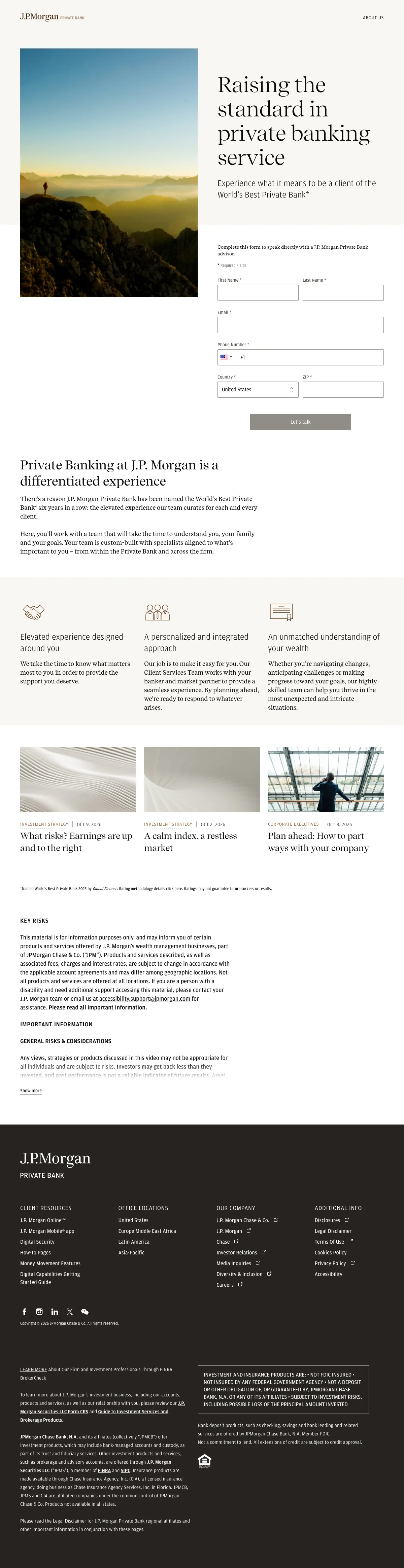 Financial landing page example from privatebank.jpmorgan.com
