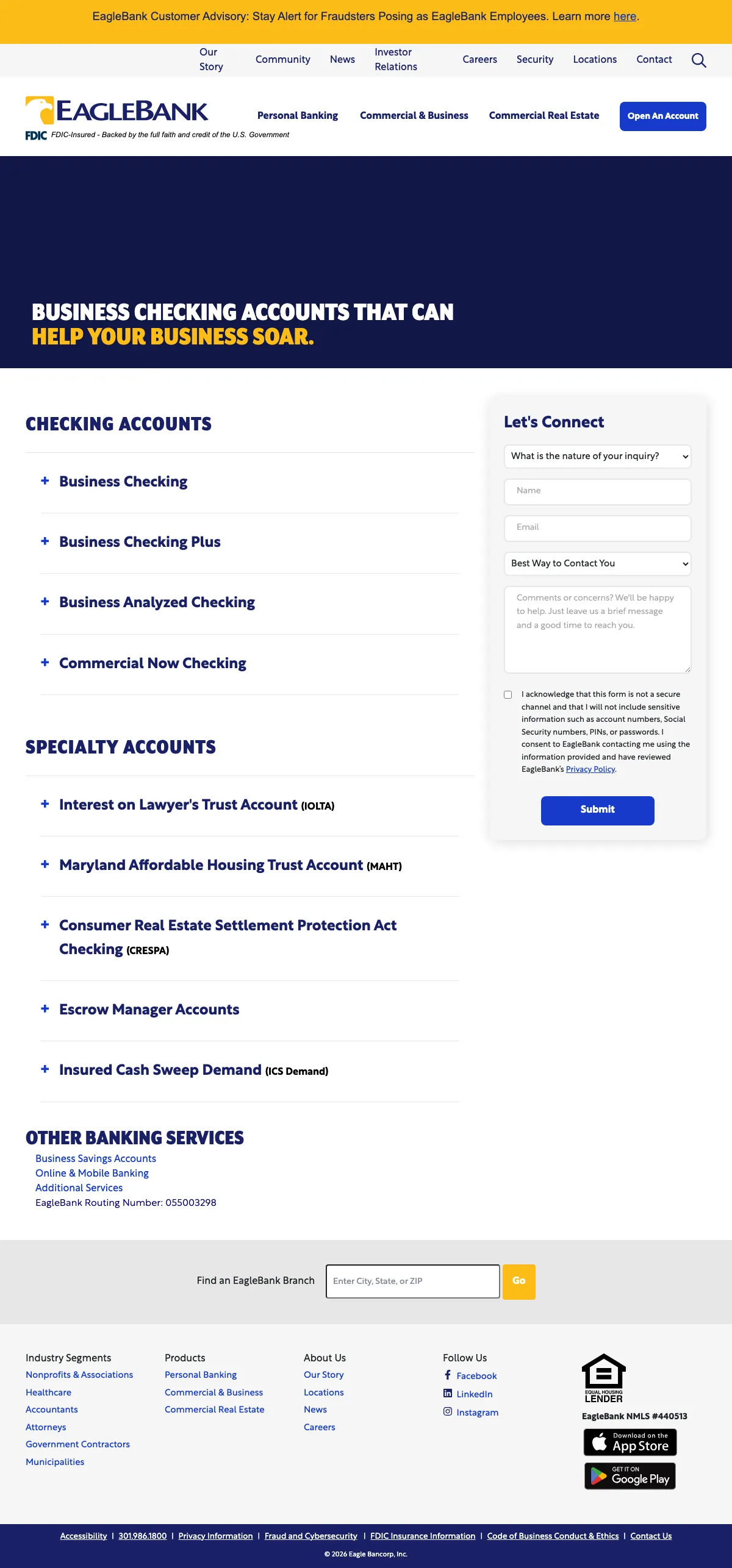 Financial landing page example from eaglebankcorp.com